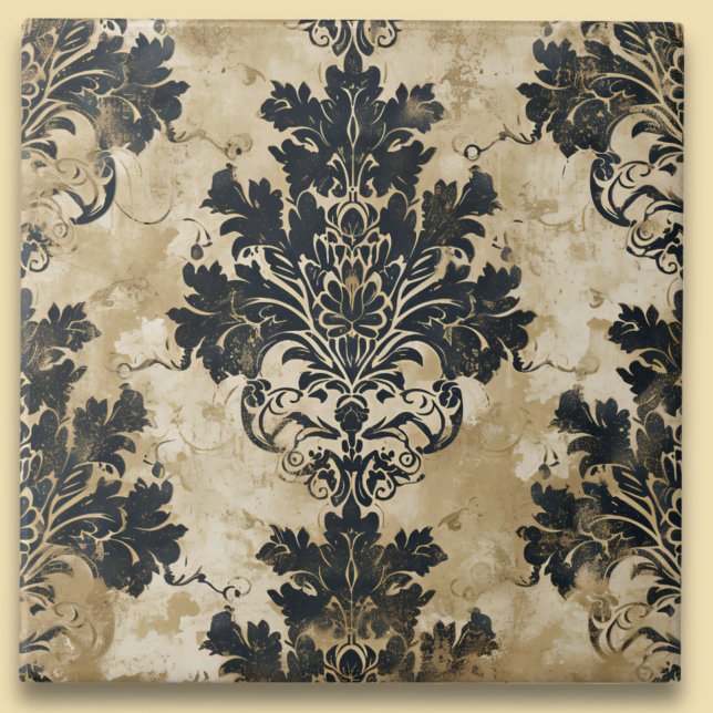 Luxurious Ivory Damask Elegant Black Beige Tile (Creator Uploaded)