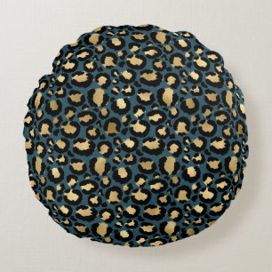 Luxurious Leopard Spots Dark Blue Wild Glam Round Cushion