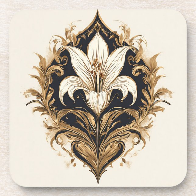 Luxurious Lily Design Golden Ornamental Artwork Coaster (Front)