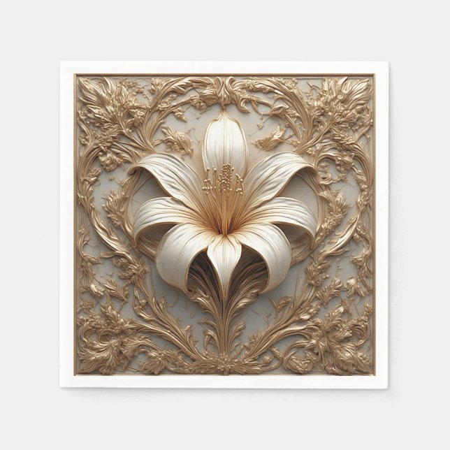 Luxurious Lily Design Golden Ornamental Artwork Napkin (Front)