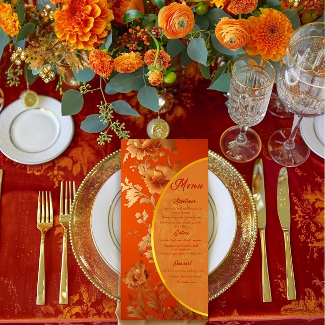 Luxurious Mandarin Orange & Gold Floral Wedding Menu (Stunning Mandarin Orange and Gold Wedding Menu )