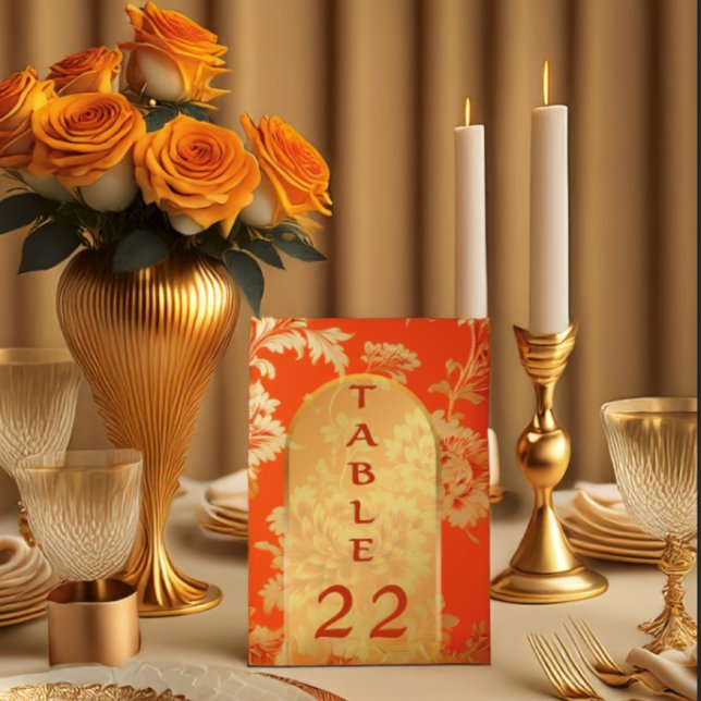 Luxurious Mandarin Orange & Gold Wedding  Table Number (Elegant Floral Orange Wedding Table Number)