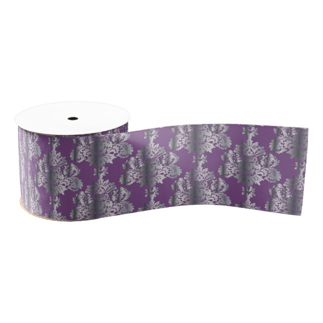 Luxurious Metallic Purple Damask Pattern Grosgrain Ribbon (Spool)