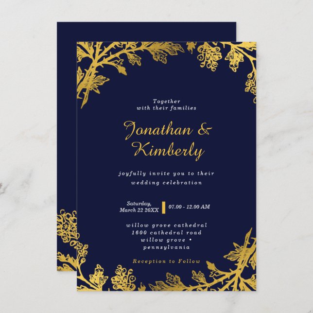 Luxurious Navy and Gold Wedding Invitation (Front/Back)