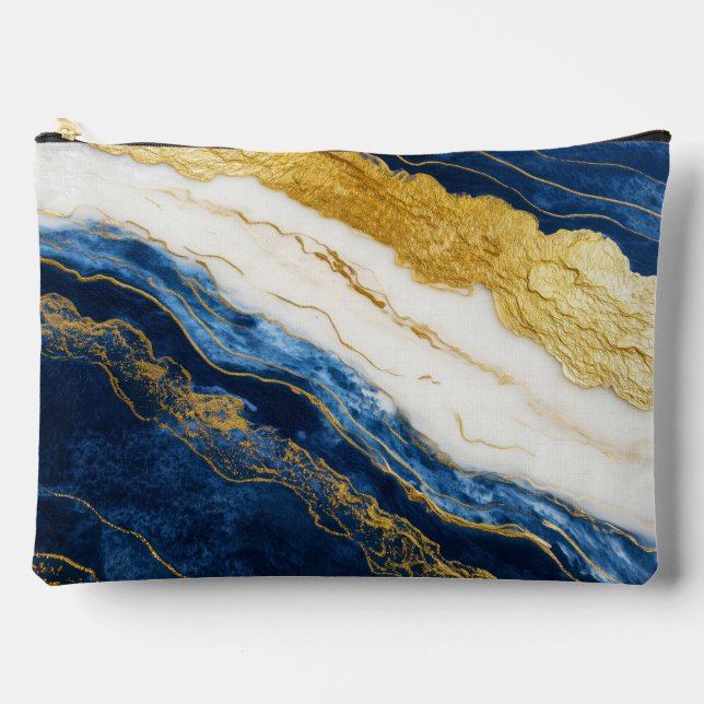 Luxurious Navy Blue & Gold Leaf Marble Accessory Pouch (Front)