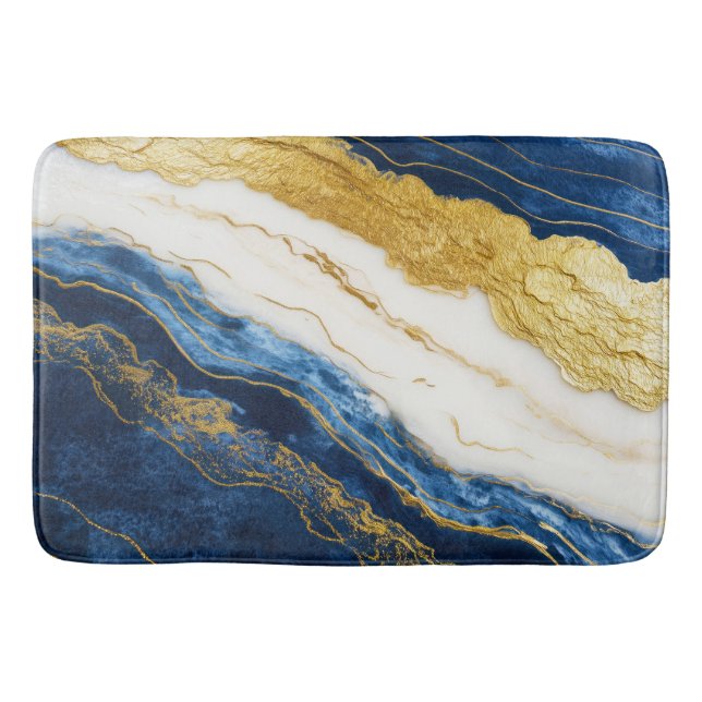 Luxurious Navy Blue & Gold Leaf Marble Bath Mat (Front)