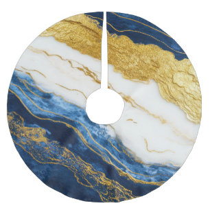 Luxurious Navy Blue & Gold Leaf Marble Brushed Polyester Tree Skirt