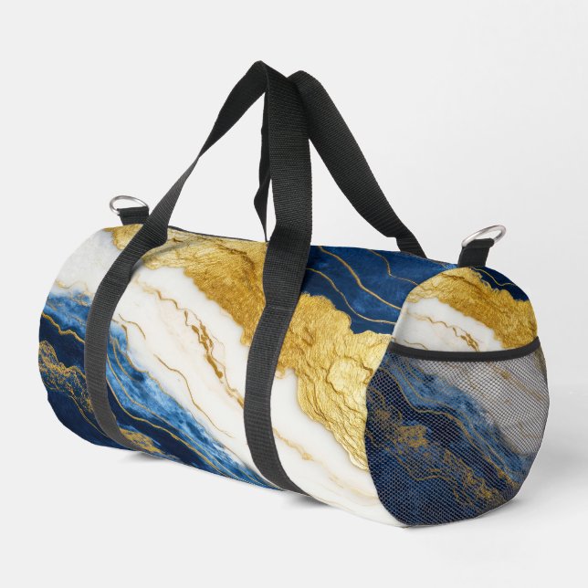 Luxurious Navy Blue & Gold Leaf Marble Duffle Bag (Right Corner)