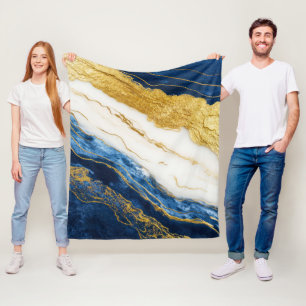 Luxurious Navy Blue & Gold Leaf Marble Fleece Blanket