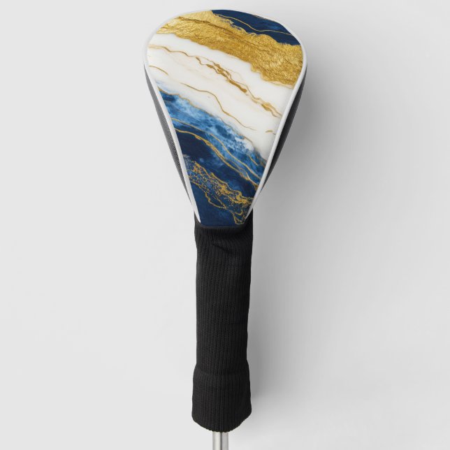 Luxurious Navy Blue & Gold Leaf Marble Golf Head Cover (Front)