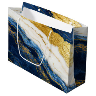 Luxurious Navy Blue & Gold Leaf Marble Large Gift Bag