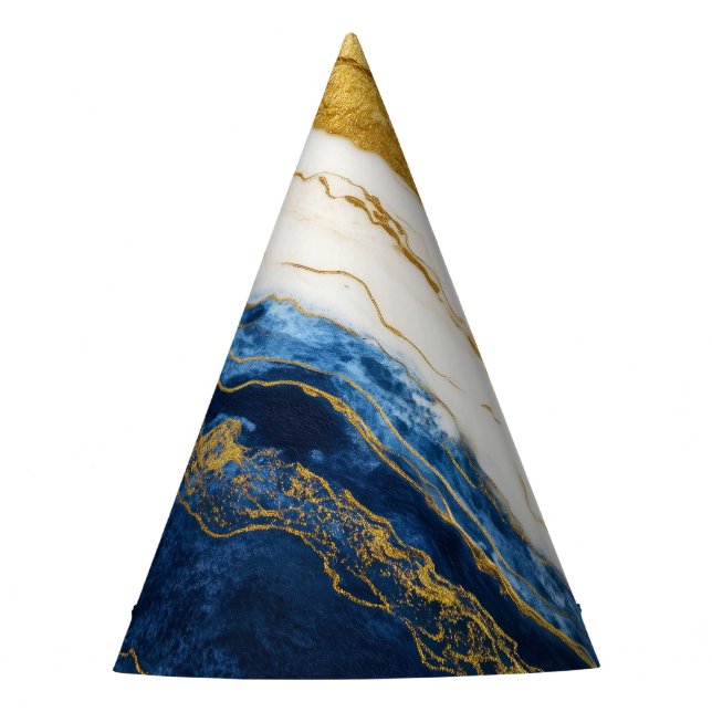 Luxurious Navy Blue & Gold Leaf Marble Party Hat (Front)