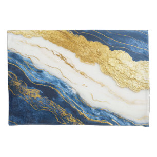 Luxurious Navy Blue & Gold Leaf Marble Pillowcase