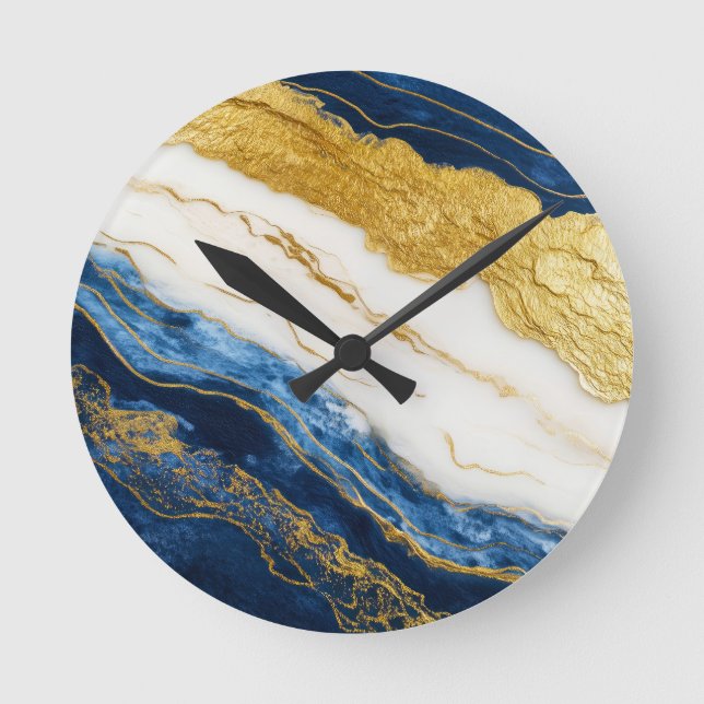 Luxurious Navy Blue & Gold Leaf Marble Round Clock (Front)