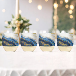 Luxurious Navy Blue & Gold Leaf Marble Stemless Wine Glass