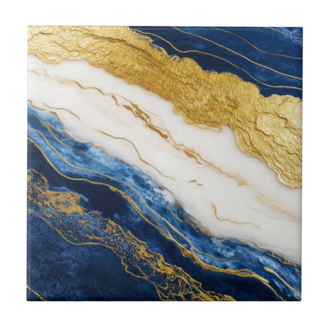 Luxurious Navy Blue & Gold Leaf Marble Tile (Front)