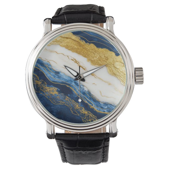 Luxurious Navy Blue & Gold Leaf Marble Watch (Front)