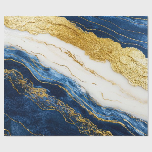 Luxurious Navy Blue & Gold Leaf Marble Wrapping Paper (Flat)