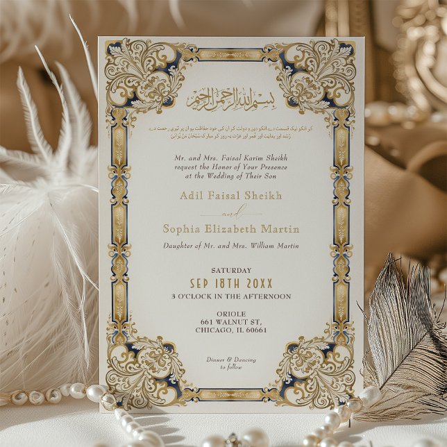 Luxurious Navy Gold Cream Islamic Wedding Invitation (Creator Uploaded)