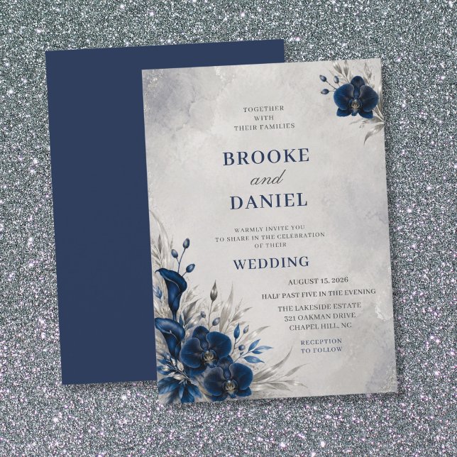 Luxurious Navy Orchid Calla Lily Silver Wedding Invitation (Creator Uploaded)