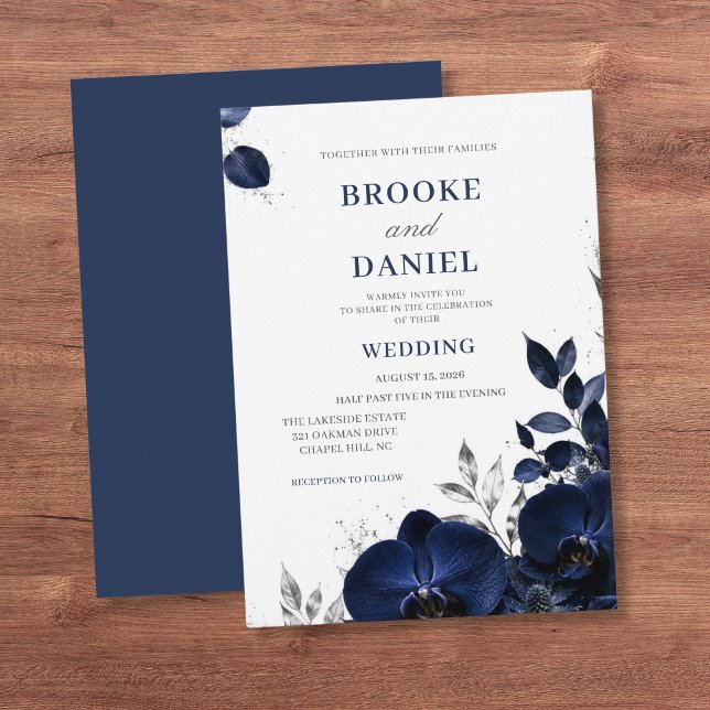 Luxurious Navy Orchid Silver Glitter Wedding Invitation (Creator Uploaded)