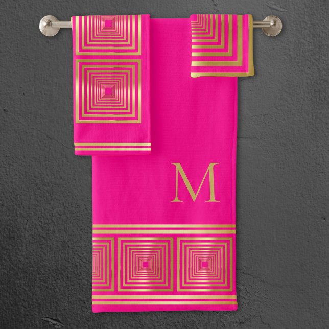 Luxurious neon hot pink gold monogram Towel set (Creator Uploaded)
