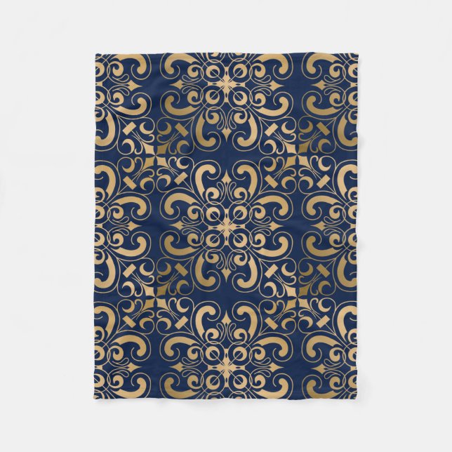 Luxurious Ornate Gold Navy Fleece Blanket (Front)