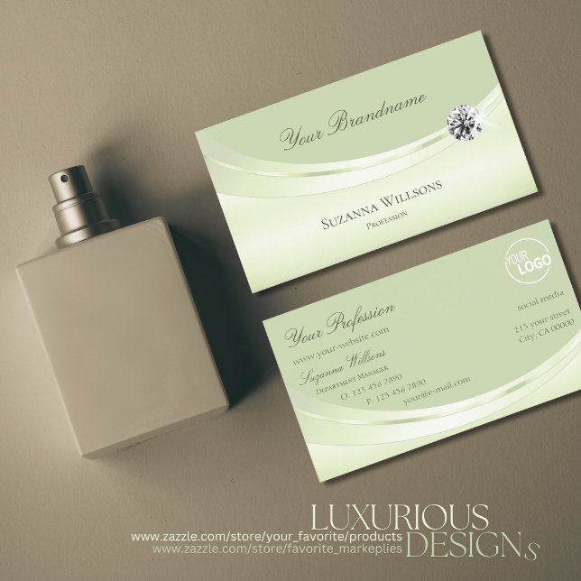 Luxurious Pastel Sage Green with Logo and Diamond Business Card (Creator Uploaded)