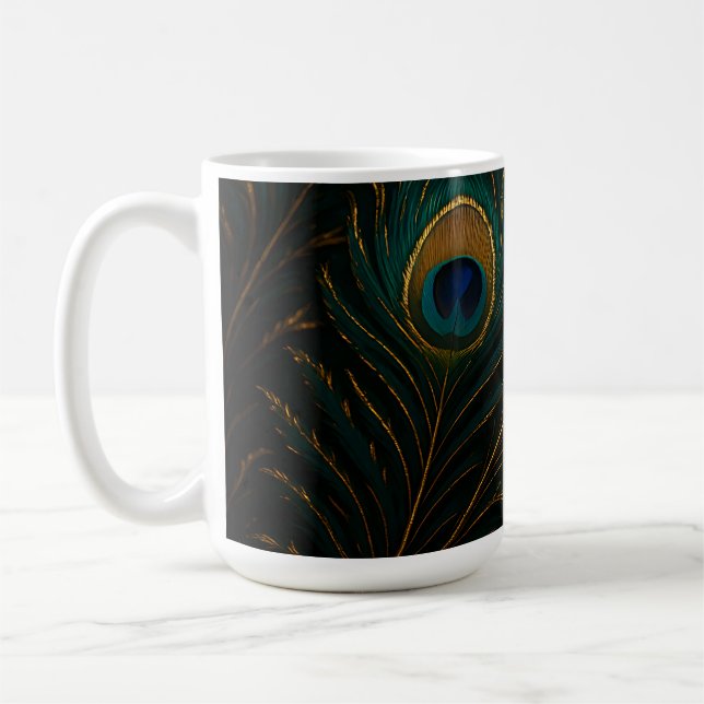Luxurious Peacock Feathers Golden Teal Pattern Coffee Mug (Left)