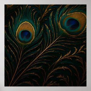 Luxurious Peacock Feathers Golden Teal Pattern Poster