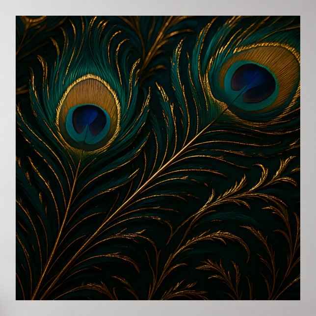 Luxurious Peacock Feathers Golden Teal Pattern Poster (Front)