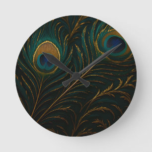 Luxurious Peacock Feathers Golden Teal Pattern Round Clock
