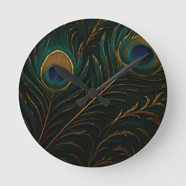 Luxurious Peacock Feathers Golden Teal Pattern Round Clock (Front)
