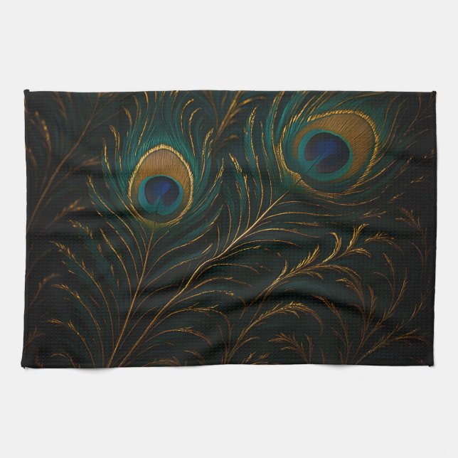 Luxurious Peacock Feathers Golden Teal Pattern Tea Towel (Horizontal)