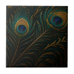 Luxurious Peacock Feathers Golden Teal Pattern Tile