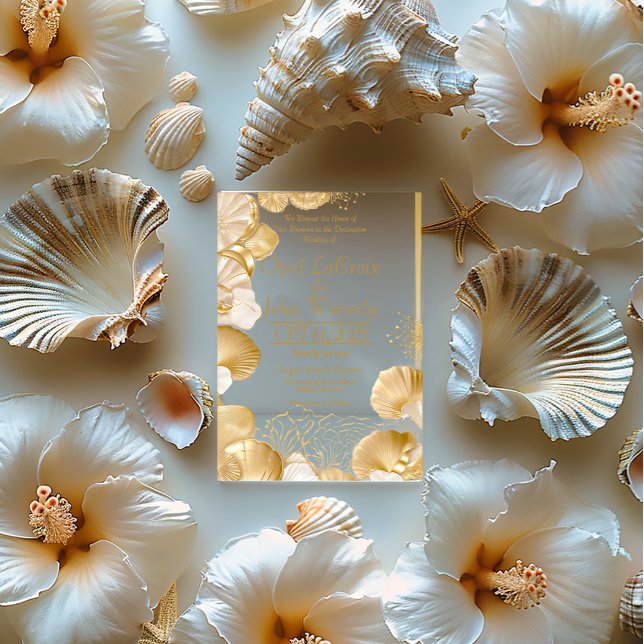  Luxurious Pearl and Gold Seashell Acrylic Wedding Acrylic Invitations (Elegant Coastal Destination Wedding Acrylic Invitation )