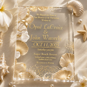  Luxurious Pearl and Gold Seashell Acrylic Wedding Invitations