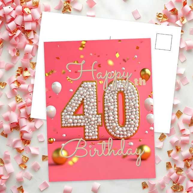 Luxurious Pearls and Gold Accents 40th Birthday Postcard (Creator Uploaded)