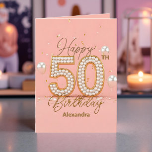 Luxurious Pearly Soft Pink and Gold 50th Birthday Card