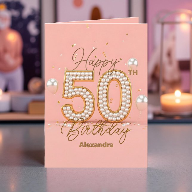 Luxurious Pearly Soft Pink and Gold 50th Birthday Card (Creator Uploaded)