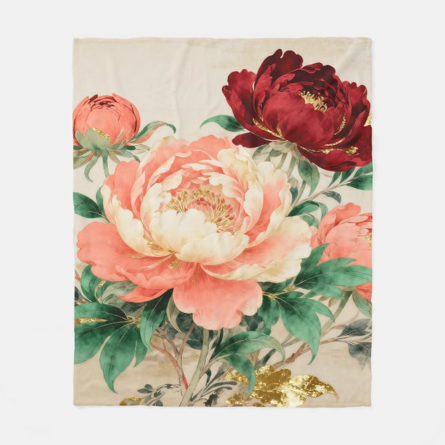 Luxurious Peony Floral Bouquet Fleece Blanket (Front)