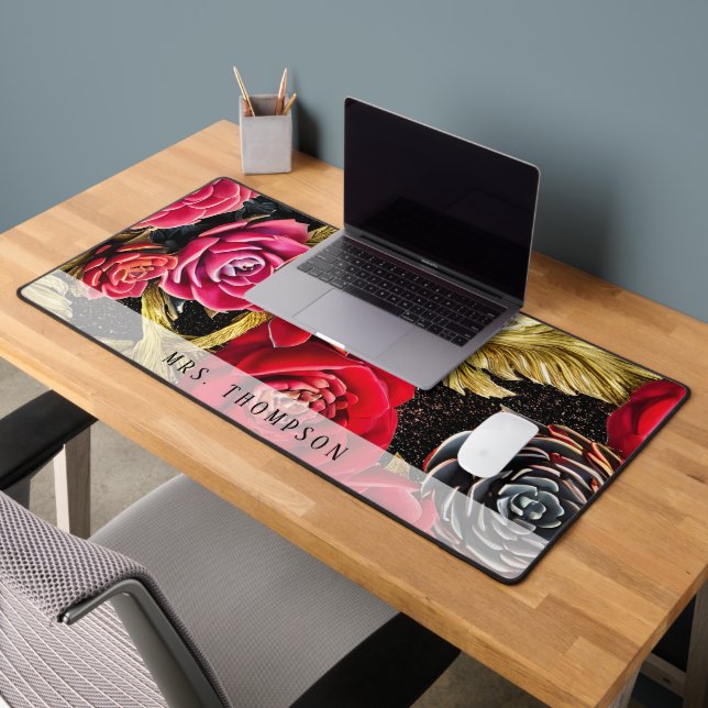 Luxurious Personalised Red and Black Cactus Desk Mat (Office 2)