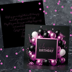 Luxurious Pink Black Balloons Streamers Birthday Card
