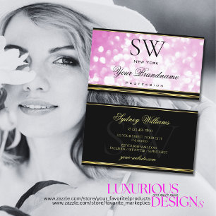 Luxurious Pink Glitter Black Monogram Gold Decor Business Card