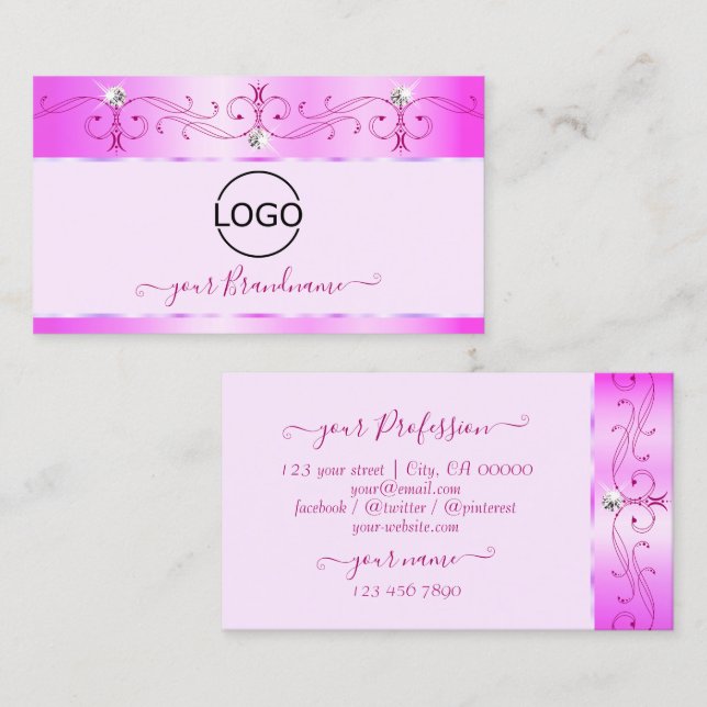Luxurious Pink Ornate Sparkling Diamonds with Logo Business Card (Front/Back)