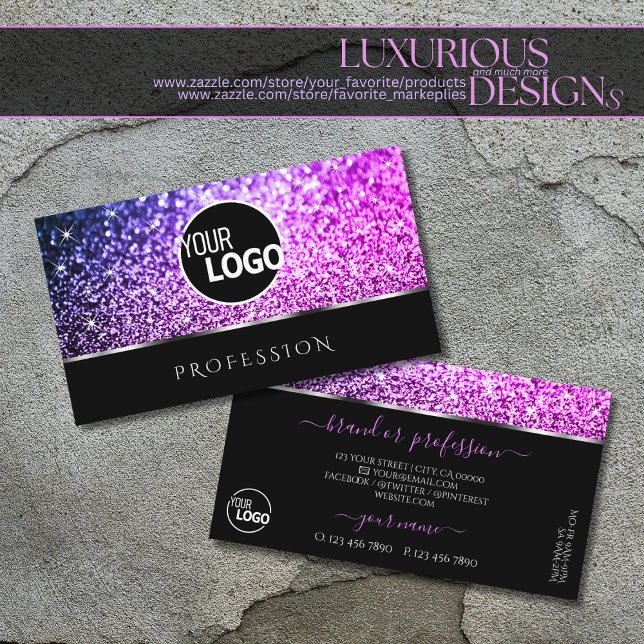 Luxurious Pink Purple Glitter Stars Black add Logo Business Card (Creator Uploaded)