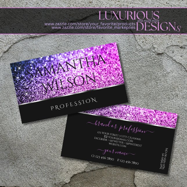 Luxurious Pink Purple Glitter Stars Stylish Black Business Card (Creator Uploaded)