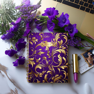 Luxurious Purple and Gold Damask Monogrammed Notebook