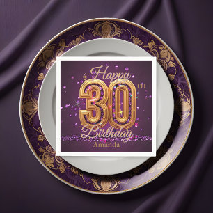 Luxurious Purple and Gold Gemstone 30th Birthday Napkin