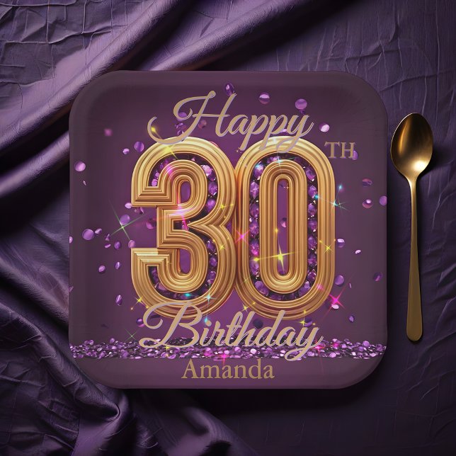 Luxurious Purple and Gold Gemstone 30th Birthday Paper Plate (Creator Uploaded)